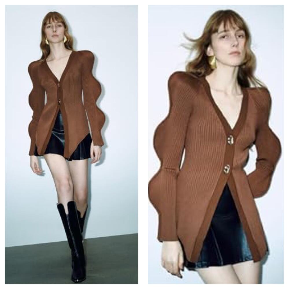 NWT Urban Revivo Brown Knit Wave Sleeve Cardigan Size XS Sculptural Chic